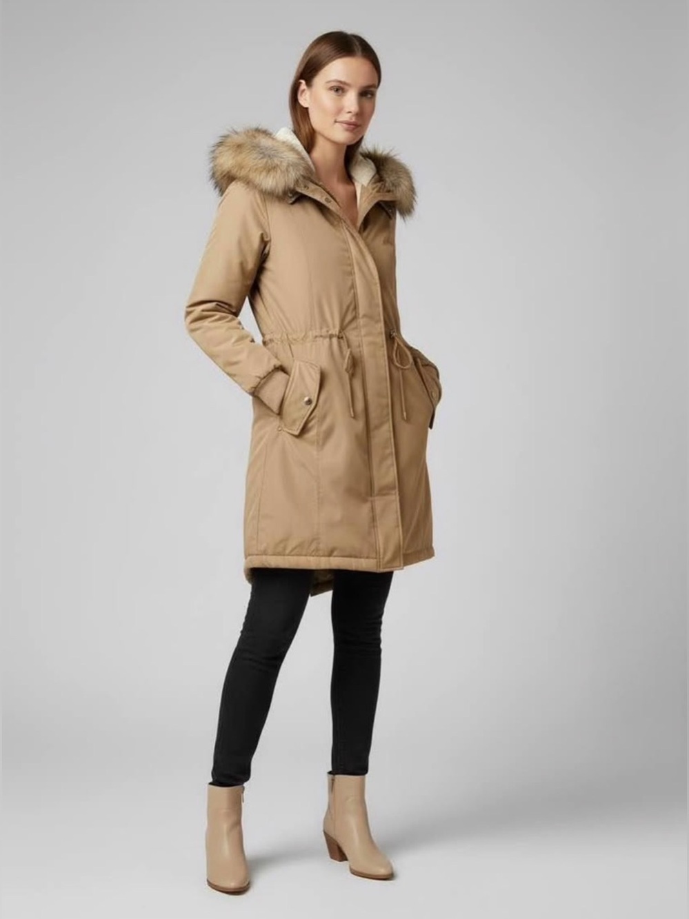 Calvin Klein Tan Hooded Parka with Faux Fur Trim